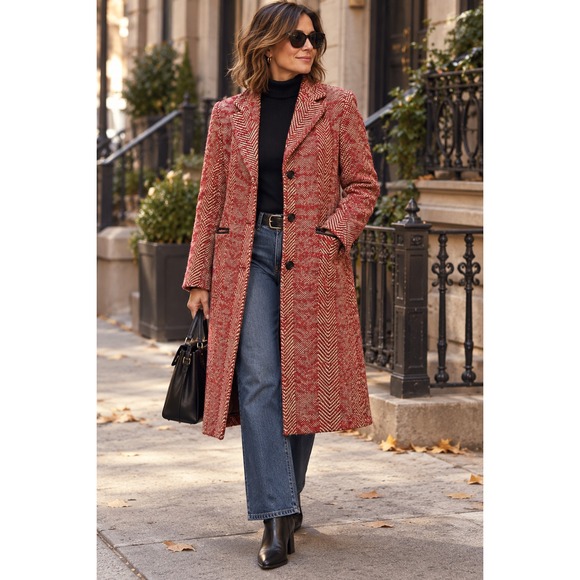 Barneys New York Jackets & Blazers - Barneys New York Herringbone Wool Tweed Overcoat Red Tan Italy Size 8 Long Coat